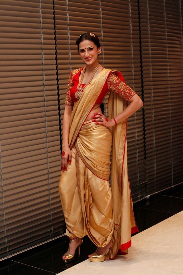 Golden And Red Color Dhoti Saree