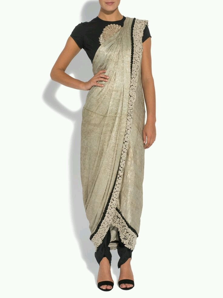 Silver And Black Color Dhoti Saree