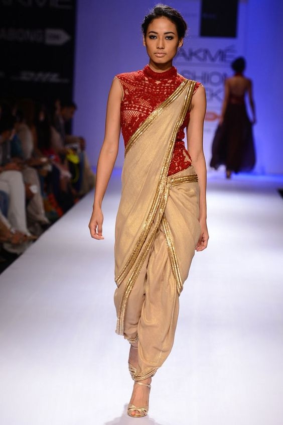 Beige And Red Color Dhoti Saree