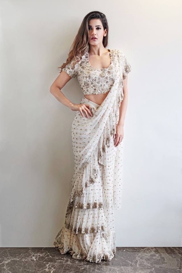 White Printed Pre-Draped Ruffle Saree Set – weddingasiaonlineshop